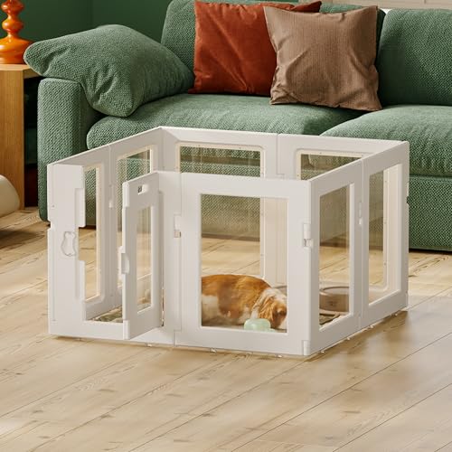 Clear Acrylic Dog Playpen Indoor, Puppy Cat Small Pet Play Pen, Easy Assemble & Disassemble Sturdy Plastic Dog Fence with Heavy Duty Door Lock (24In H, 8PCS), White - color: White, style: 8 Panels - 24 In