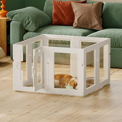 Clear Acrylic Dog Playpen Indoor, Puppy Cat Small Pet Play Pen, Easy Assemble & Disassemble Sturdy Plastic Dog Fence with Heavy Duty Door Lock (24In H, 8PCS), White - color: White, style: 8 Panels - 24 In