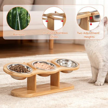 Elevated Cat Bowls Raised Cat Food Bowls, 15° Tilted Pet Bowls for Cats Puppy Small Dogs, Raised Dog Bowl Stand Feeder Adjustable Dog Cat Food Water Bowls Stand with 3 Stainless Steel Bowls