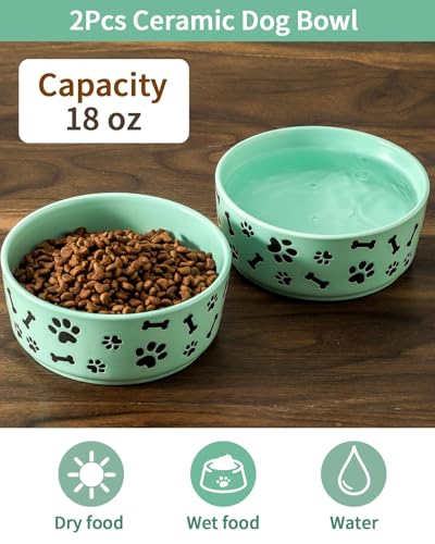 UBEE Ceramic Dog Bowl Set of 2, 5.5 inch Dog Food Bowl Dish with Bone Paw Pattern, Pet Food Water Dish Feeding Plates for Small Dogs, Puppy and Cat, Green - color: Green-dog paw, size: 5.5 inch x 2
