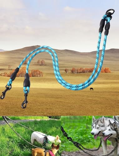 Reflective Dual Dog Leash - Tangle-Free 360° Swivel & Shock-Absorbing Bungee,Dual Strong Pet Lead Splitter,Blue - color: Blue