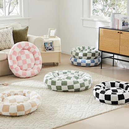 Ohocut Checkered Dog Bed, Cute Black White Retro Style Aesthetic Round Warming Pet Calming Beds for Small Dog and Cats, Plush Cozy Donut Dog Beds Washable, 30" L x 30" W x 8" Th - color: Black, size: 30"L x 30"W x 8"Th