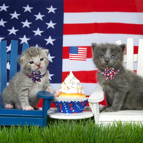 ADOGGYGO American Flag Cat Collars with Removable Flower Bell, Adjustable Red Blue 4th of July Flag Pattern Floral Collars for Cats Kittens - color: 4th of July