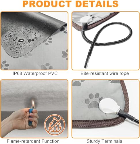 Bestio Dog Heating Pad,28x18 in Heated Dog Bed with Constant Heat & Auto Modes，MET&UL Certified Pet Heating Pad,Chew-Resistant Cord,Waterproof Washable Cover-Gray - size: 28.0"L x 18.0"W x 0.5"Th