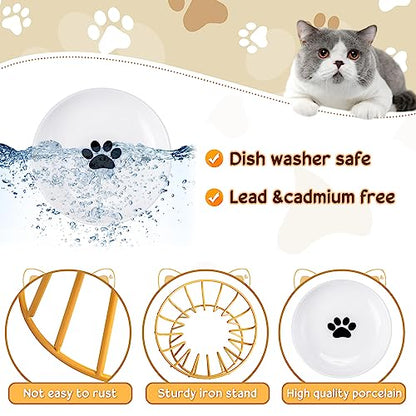 Roshtia 4 Sets Elevated Cat Bowls Ceramic Raised Cat Food Bowls with Metal Stand Dishwasher Safe Dishes Non Slip Elevated Food Plate(Gold,Paw) - color: Gold