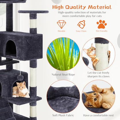 Sweetcrispy 54 Inch Cat Tree Tower, Multi-Level Tower with Cat Scratching Post, Indoor Cat Condo with Climbing Ladder, Plush Toy, Play House for Cat, Dark Grey