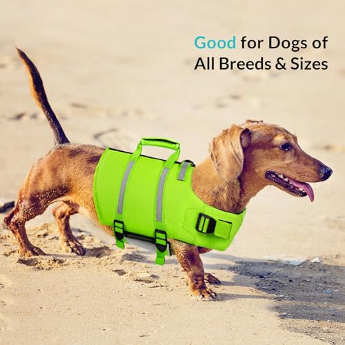 Queenmore Dog Swim Vest - Lightweight Adjustable Reflective Puppy Pet Float Life Preserver with Back Zip, Rescue Handle, Metal Hook (Green S) - color: Green, size: Small