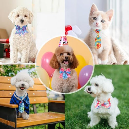 Reginary 100 Pieces Dog Bow Tie Collar Set Include 40 Dog Neckties, and 30 Puppy Bowties, 30 Collar Flowers, Adjustable Pet Ties Grooming for Small Medium Cats Pets Supply(Tie-dye) - style: Tie-Dye