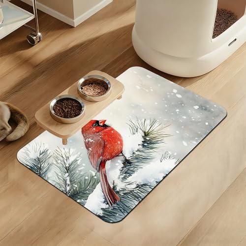 Cardinal Bird Dog Food Mat–Chirstmas Snow Absorbent Quick Dry Feeding Placemat for Food and Water Bowls, Non Slip Rubber Backing, Waterproof Pet Supplies for Mess-Free Eating 12"x20" - color: Cardinal Bird, size: 12"L x 20"W