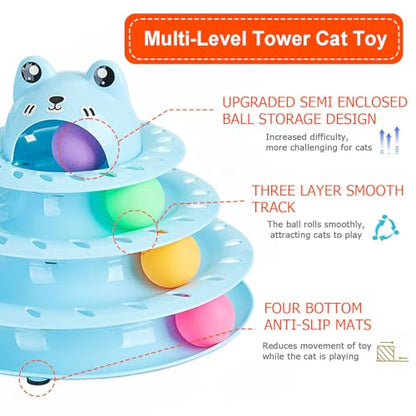 Cat Toys, 4-Level Turntable Ball Track Interactive Cat Toy for Indoor Cats, Self Play Fun Roller with Colorful Rotating Ball Puzzle Exercise Kitten Toys (Blue) - color: Blue