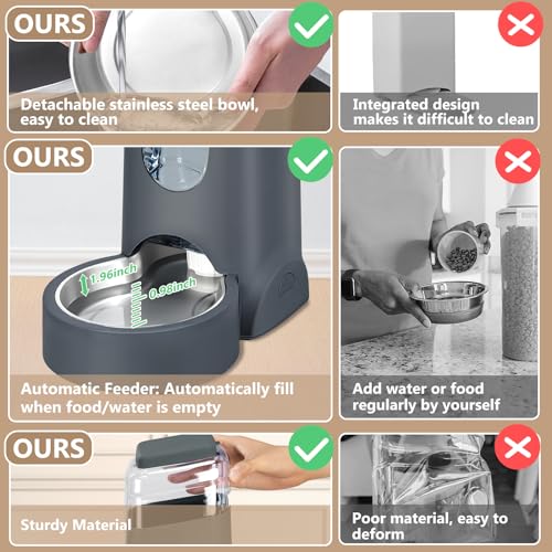 Automatic Cat Feeder and Water Dispenser with Stainless Steel Bowl Dog Gravity Food Feeder and Waterer for Small Medium Pets Puppy Kitten 1 Gallon x 2 - color: Charcoal gray（3.8L*2）
