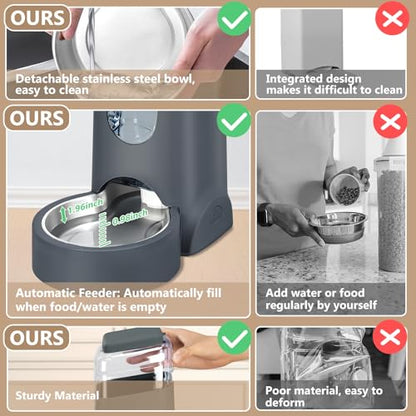 Automatic Cat Feeder and Water Dispenser with Stainless Steel Bowl Dog Gravity Food Feeder and Waterer for Small Medium Pets Puppy Kitten 1 Gallon x 2 - color: Charcoal gray（3.8L*2）