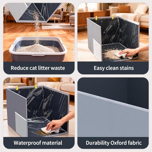 Aokeyee Cat Litter Box Enclosure Splash Guard, High Side All-Inclusive Waterproof, Gray Foldable Pet Litter Box Shield with 2 Hooks, Anti-Leakage, Dust Control, Easy to Clean - color: Gray-High