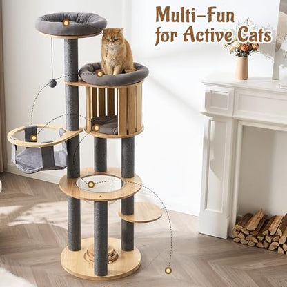 Modern Cat Tree Tower with Scratching Post, 61.5in Tall Cat Tree for Indoor Cats, Multi-Level Solid Wood Cat Furniture with Cozy Cat Beds, Cat Condo, Hammock, Capsule Nest, Turntable Toy, Gray - color: 61.5"-V-Gray