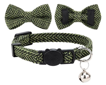 Cat Collar Breakaway Bowtie Safety with Bell Adjustbale Kitten Puppy Solid Plaid Color Set P-[2pcs] Xmas Green & Red - color: P-[2pcs] Xmas Green & Red