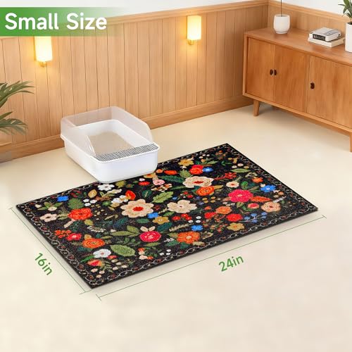 Cat Litter Mat, 24" x 16" Litter Box mat, Traps 100% Litter, Non-Slip Kitty Litter Trapping mats, Small Cute Litter mat, Easy Clean for Scatter Control, Bohe cat Food mat, Urine Waterproof - color: Black Garden, size: Small（24"x16"）