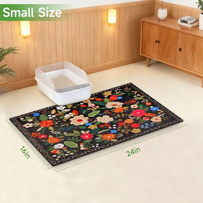 Cat Litter Mat, 24" x 16" Litter Box mat, Traps 100% Litter, Non-Slip Kitty Litter Trapping mats, Small Cute Litter mat, Easy Clean for Scatter Control, Bohe cat Food mat, Urine Waterproof - color: Black Garden, size: Small（24"x16"）