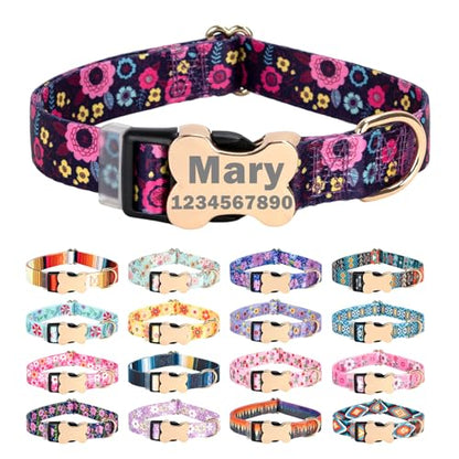 Personalized Custom Customized Silent No Jingle Dog Collar with Engraved ID Dog Name Phone Number/Dog Collars for Puppy X-Small Small Medium Large X-Large Boy Girl Dogs-Black Flower-XS - color: 5 Black Flower, size: X-Small (0.6" *7.8"-11.8")