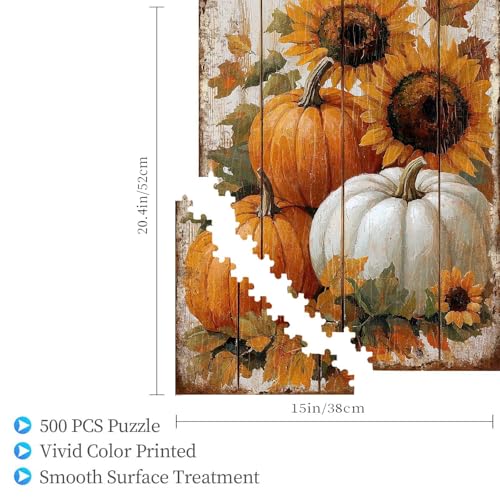 500 Pieces Jigsaw Puzzles for Adults, Fall Sunflower Pumpkin Rustic Wood Art Puzzle, Stress Relief Concentration Training Brain Teaser Puzzle 20.4x15 Inch - color: Wooden Puzzle10, size: 500 Piece pcs