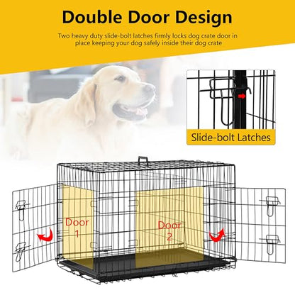24/7 Shop at Home Gossamer Metal Double Door Folding Wire Pet Crate with Divider, Removable Tray, and Handle for Outdoor and Indoor Medium Dog, 48-inch, Black - size: 47.2"L x 28.9"W x 30.9"H