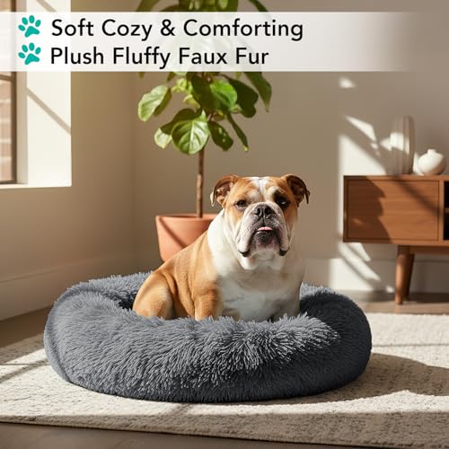 PetAmi Calming Dog Bed for Small & Medium Dogs and Cats, 30 Round Donut Dog Bed, Washable Fluffy Faux Fur Puppy & Cat Bed, Anti-Anxiety Plush Cuddler Pet Bed with Anti-Slip Bottom - Dark Gray - color: Gray, size: Medium - 30"