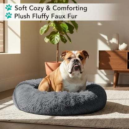 PetAmi Calming Dog Bed for Small & Medium Dogs and Cats, 30 Round Donut Dog Bed, Washable Fluffy Faux Fur Puppy & Cat Bed, Anti-Anxiety Plush Cuddler Pet Bed with Anti-Slip Bottom - Dark Gray - color: Gray, size: Medium - 30"