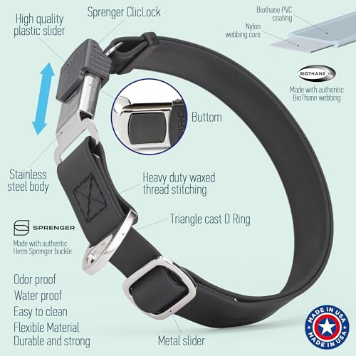 Biothane Waterproof Durable Dog Collar with Herm Sprenger - Quick Release ClicLock Buckle - Fits Medium and Large Dogs - Made in USA (Black, W 1" x L 15"-25") - color: Black, size: W 1" x L 15"-25"