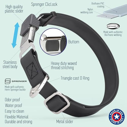 Biothane Waterproof Durable Dog Collar with Herm Sprenger - Quick Release ClicLock Buckle - Fits Medium and Large Dogs - Made in USA (Black, W 1" x L 15"-25") - color: Black, size: W 1" x L 15"-25"