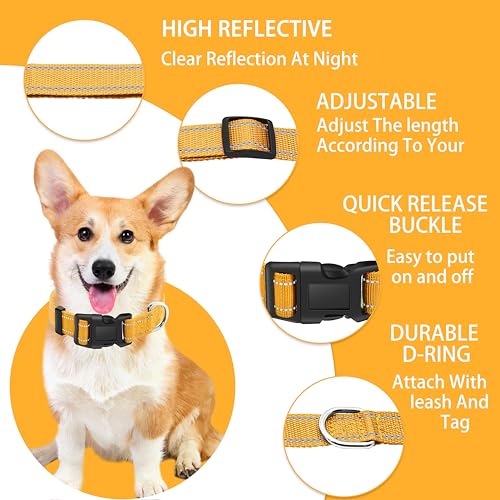 Reflective Dog Collar with Safety Locking Buckle, Adjustable Soft Breathable Nylon Collars for Small, Medium and Large Dogs(Collar+Leash XS Width 3/8" Yellow) - color: Yellow, size: XX-Small (Width 3/8")