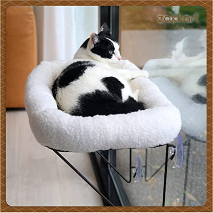 Zakkart Cat Window Perch - 100% Metal Supported from Below - Comes with Warm Spacious Pet Bed - Cat Window Hammock for Large Cats & Kittens - for Sunbathing, Napping & Overlooking (White) - color: White
