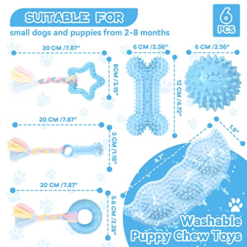 Petcare 6 Pack Puppy Chew Toys - Blue, Soft Rubber Rope & Bone Ball Teething Toys for Small Dogs & Puppies, Including Yorkie - color: Blue
