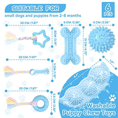Petcare 6 Pack Puppy Chew Toys - Blue, Soft Rubber Rope & Bone Ball Teething Toys for Small Dogs & Puppies, Including Yorkie - color: Blue