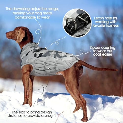 FUAMEY Dog Coat for Small Dogs,Waterproof Dog Winter Jacket with Harness Built in Puppy Cold Weather Coats Reflective Pet Vest with Zipper Warm Fleece Dogs Snowsuit Windproof Grey Camo XS - color: Grey Camo, size: XS(chest:14in)