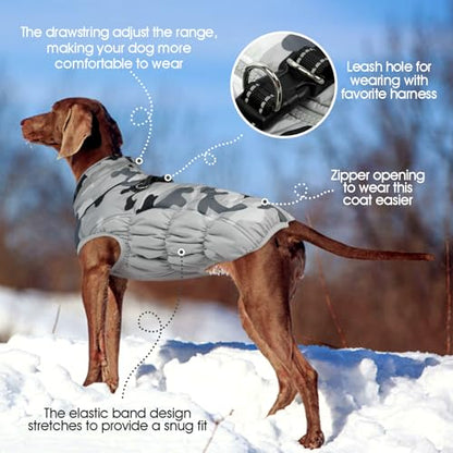 FUAMEY Dog Coat for Small Dogs,Waterproof Dog Winter Jacket with Harness Built in Puppy Cold Weather Coats Reflective Pet Vest with Zipper Warm Fleece Dogs Snowsuit Windproof Grey Camo XS - color: Grey Camo, size: XS(chest:14in)