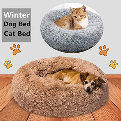 Plush Dog Bed Pet Calming Fur Bed, Fluffy Donut Round Cat Beds, Anti-Slip & Anti-Anxiety, 16 Inch for Puppy and Kitties, Khaki, XS - color: Khaki, size: XS - 16 inch