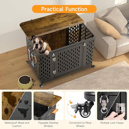 ONBRILL Dog Crate with Cushion, 38" Wood Heavy Duty Dog Crate Furniture with Flip Top & Wheels for High Anxiety Dog, Escape Proof Pet Cage for Small/Medium Dogs - size: 38.2"L x 27.2"W x 24.4"H
