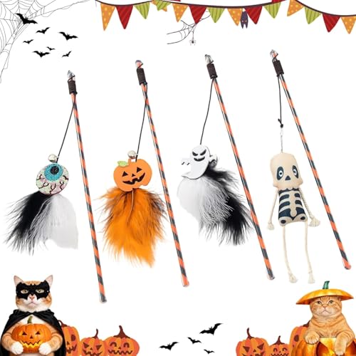 Walfront 4PCS Halloween Cat Toys, Wand Teaser Toys with Bells, Pumpkin, Ghost, Eyeball and Skull, Kitten Interactive Toys, Plush Kitten Plaything Gift Set