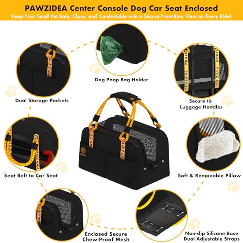 PAWZIDEA Center Console Dog Car Seat, Enclosed Small Dog Armrest Booster Carseat, Secure Straps &Anti Slip, Portable TSA Approved Puppy Pet Carrier Soft-Sided, Removable Pillow Storage Pocket, up 12lb - color: Black Warrior