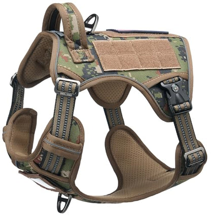 Tactical Dog Harness for Medium & Large Dogs, Woodland Camo Adjustable No-Pull Control with Handle, Heavy Duty Reflective Vest - Size M - color: Woodland Camo, size: Medium