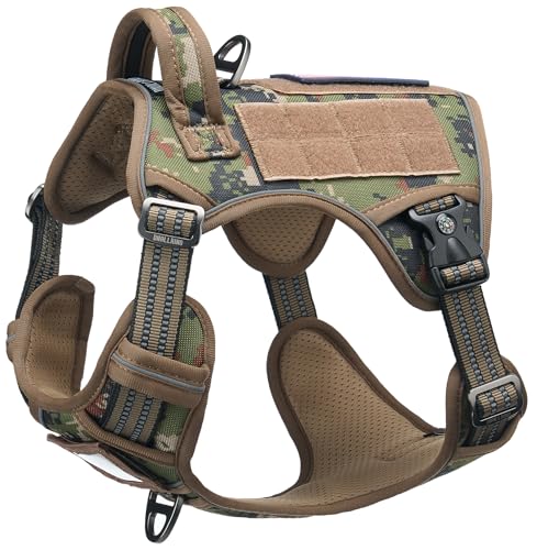 Tactical Dog Harness for Medium & Large Dogs, Woodland Camo Adjustable No-Pull Control with Handle, Heavy Duty Reflective Vest - Size M - color: Woodland Camo, size: Medium