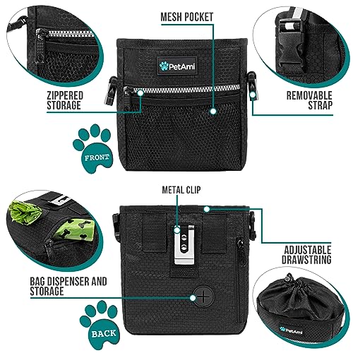 PetAmi Dog Treat Pouch, Pet Treat Pouch For Training, Dog Walking Bag Holder for Kibbles, Pet Food Toy, Dog Trainer Essentials Supplies, Poop Bag Dispenser, 3 Ways to Wear (Black) - color: Black