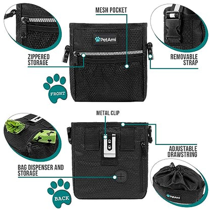 PetAmi Dog Treat Pouch, Pet Treat Pouch For Training, Dog Walking Bag Holder for Kibbles, Pet Food Toy, Dog Trainer Essentials Supplies, Poop Bag Dispenser, 3 Ways to Wear (Black) - color: Black