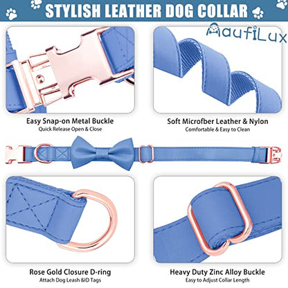 Soft Leather Bowtie Dog Collar - Adjustable Cute Bow Tie Collar [Easy to Clean] with Stylish Rose Gold Heavy Duty Metal Buckle for Small Medium Large Dogs Blue L - color: Blue, size: L(15.4"-24.8")