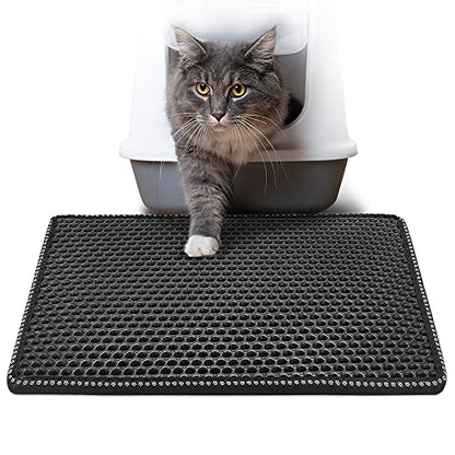 Cat Litter Mat Double Layer, Kitty Litter Trapping Mat with MiLi Rice-Shape Design, Waterproof & Urine-Proof EVA, Easy Clean Scatter Control Mat for Litter Box, 21" x 14", Black