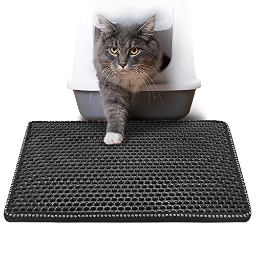 Cat Litter Mat Double Layer, Kitty Litter Trapping Mat with MiLi Rice-Shape Design, Waterproof & Urine-Proof EVA, Easy Clean Scatter Control Mat for Litter Box, 21" x 14", Black