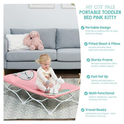 Regalo My Cot® Pals Portable Toddler Bed with Fitted Sheet & Pillow, Foldable Kids Travel Bed & Camping Cot, Cat Design, Ages 2–5, 46.5” x 24” x 9.5”, Pink - color: Small Single - Pink