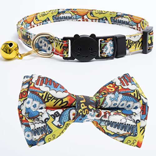 Faygarsle 2 Pack Cotton Designer Breakaway Cats Collar with Bow Tie and Bell Graffiti Style Cat Collars for Girl Female Boy Male Cat Collar with Bell Collars for Cats Purple Yellow - color: Purple&Yellow