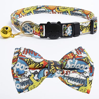 Faygarsle 2 Pack Cotton Designer Breakaway Cats Collar with Bow Tie and Bell Graffiti Style Cat Collars for Girl Female Boy Male Cat Collar with Bell Collars for Cats Purple Yellow - color: Purple&Yellow
