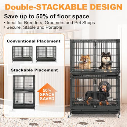 Homey Pet 43 Inch 2 Tiers Dog Crate Cage Kennel with Divider, Stackable Heavy Duty Dog Crate for Large Dogs, Escape Proof Indestructible Dog Kennel Indoor with Removable Tray, Lockable Wheels(2 Packs) - size: 43"L - 2 Tiers - 2 Pack