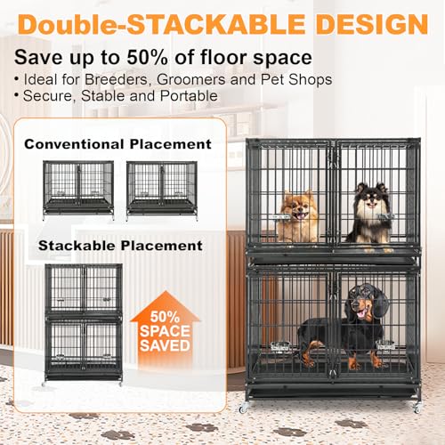 Homey Pet 43 Inch 2 Tiers Dog Crate Cage Kennel with Divider, Stackable Heavy Duty Dog Crate for Large Dogs, Escape Proof Indestructible Dog Kennel Indoor with Removable Tray, Lockable Wheels(4 Packs) - size: 43"L - 2 Tiers - 4 Pack